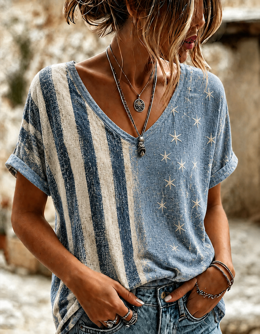 Women'S Retro Independence Day Printed Casual Short Sleeved T-Shirt