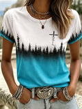 Women's Retro Landscape Cross Printed Casual T-shirt
