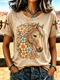 Women'S Retro Floral Horse Print Casual Round Neck Short Sleeved Shirt