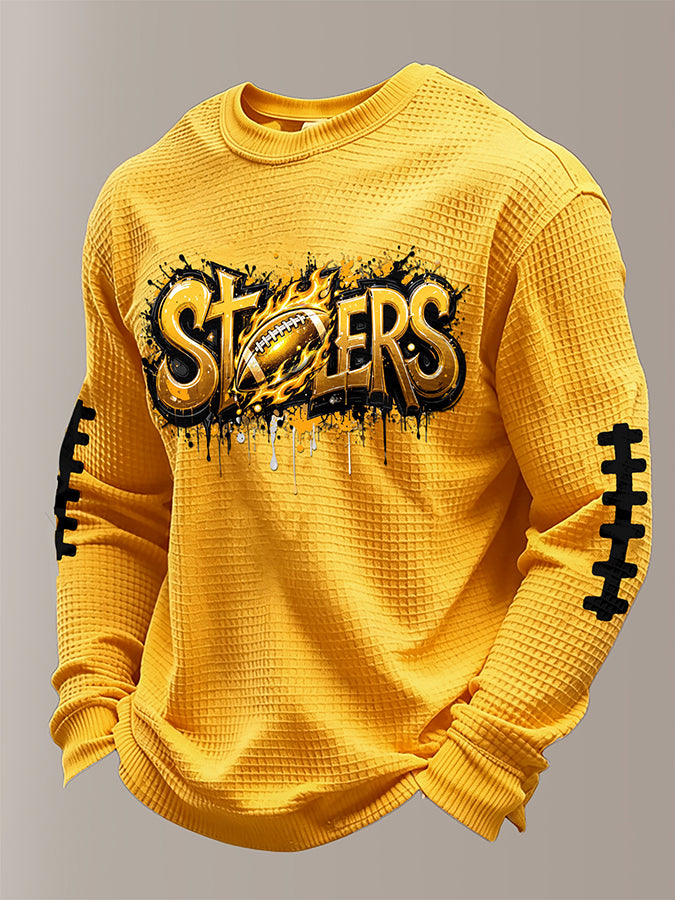 Men's Football Print Waffle Crewneck Sweatshirt