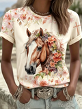Western Horse Art Flower Faith Printed Round Neck T-Shirt