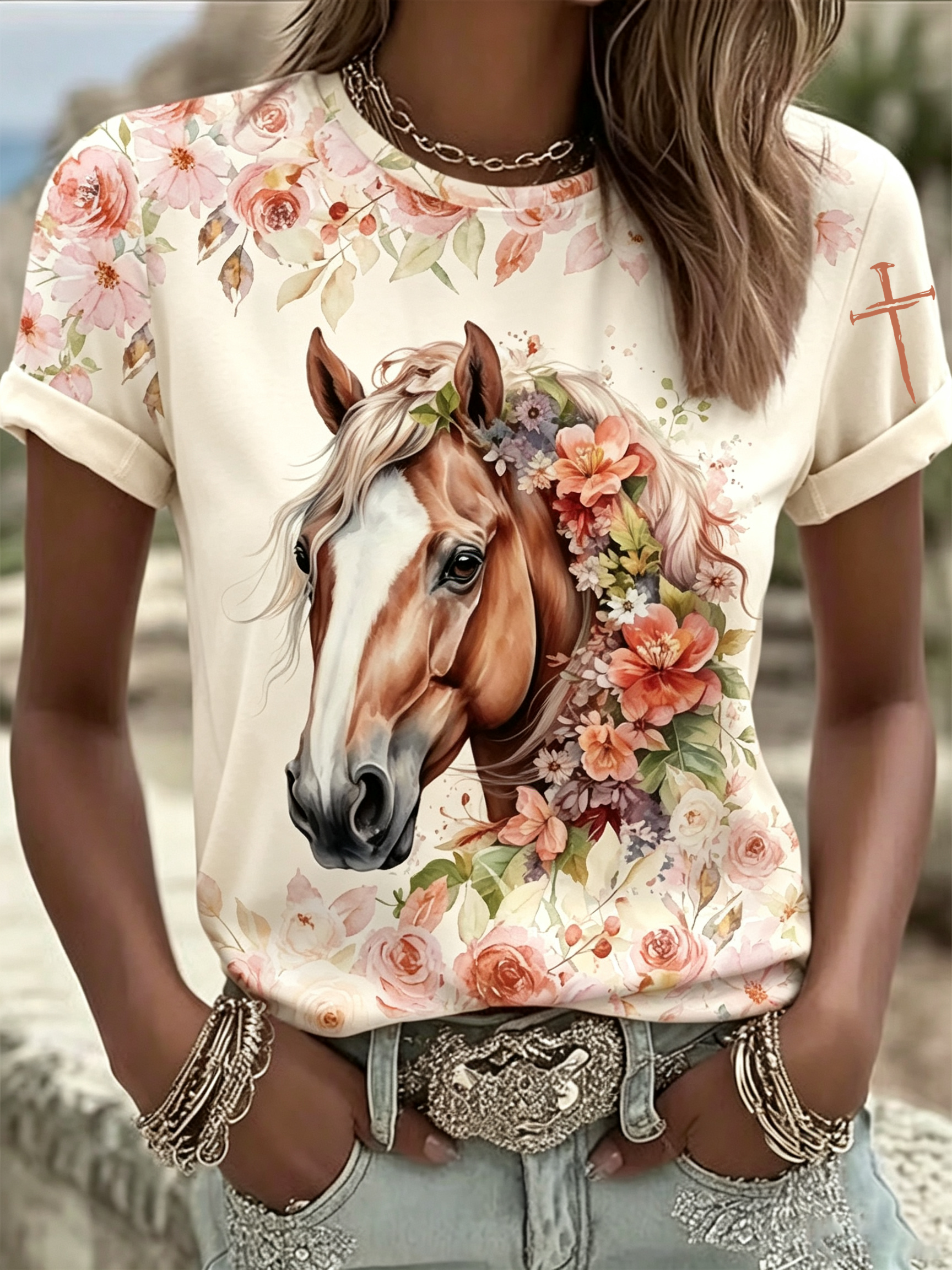 Western Horse Art Flower Faith Printed Round Neck T-Shirt