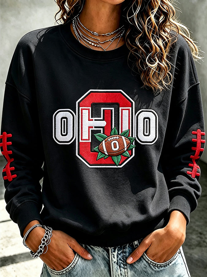 Women'S Embroidered Rugby Round Neck Top