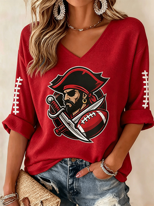 Women's Football Print Casual Waffle Top