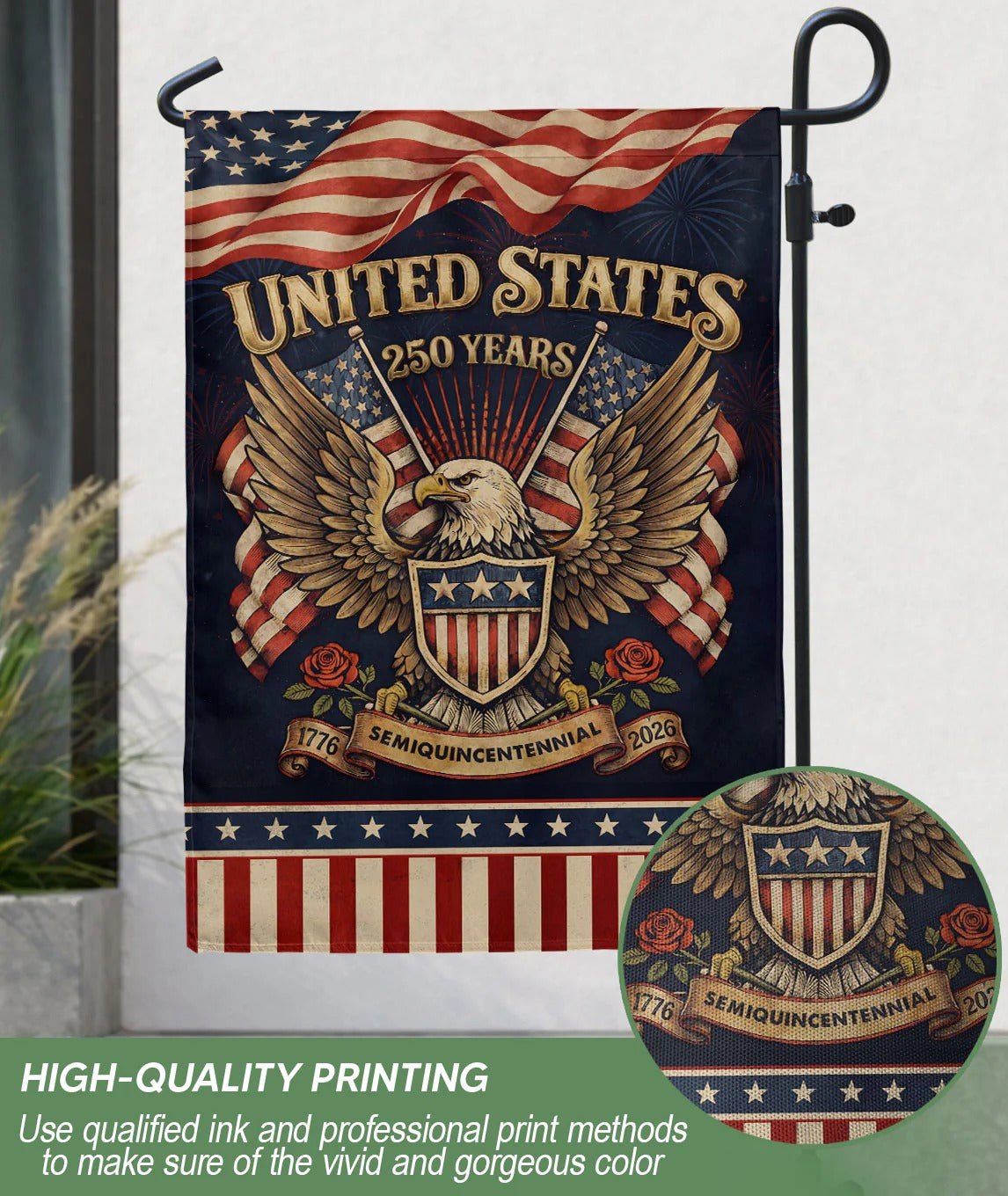 USA 250Th Anniversary 1776–2026 House Flag – Patriotic Eagle & Roses