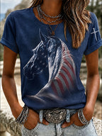Women'S Western Horse Art Faith Art Printed Round Neck T-Shirt