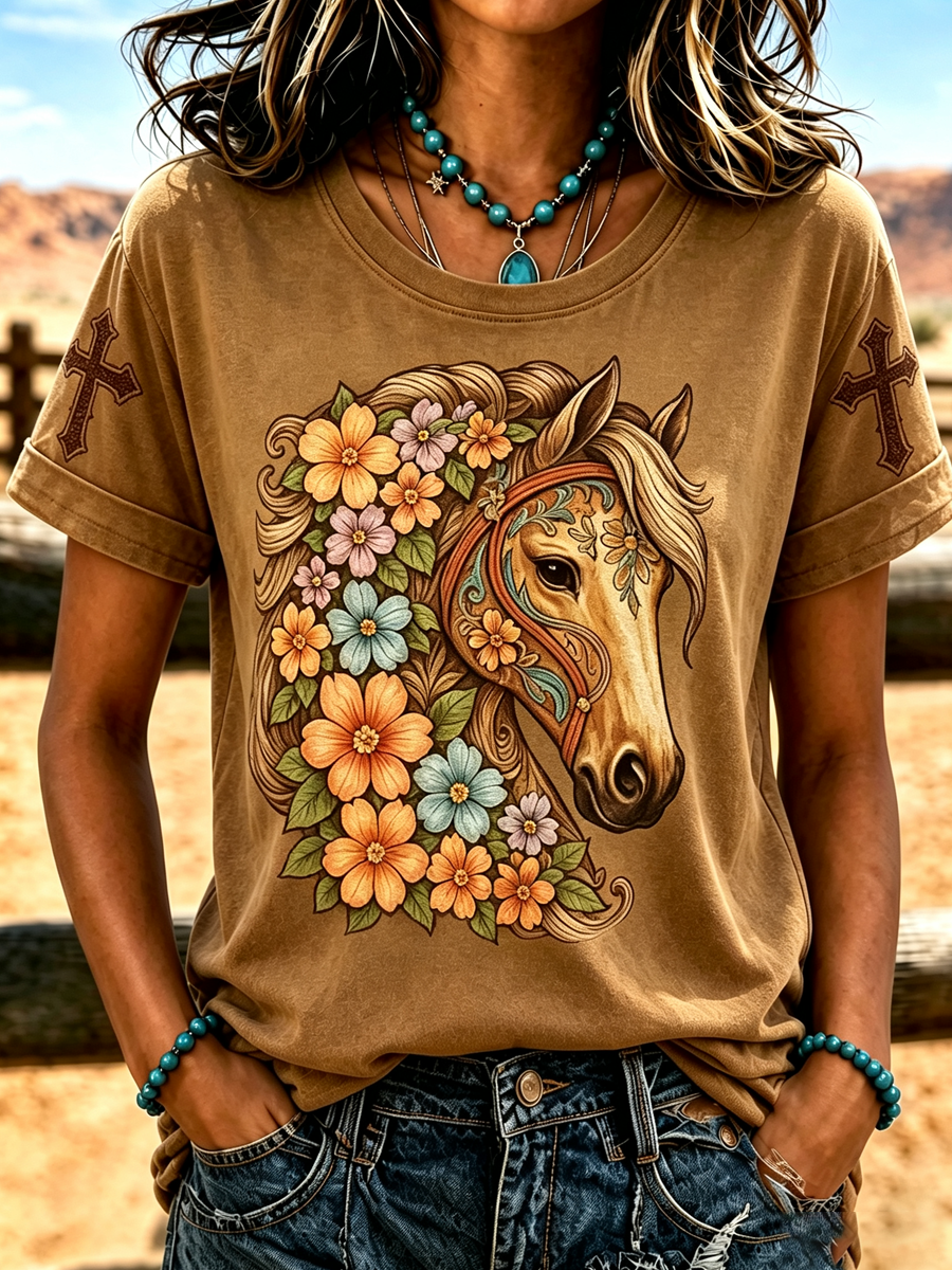 Women'S Retro Floral Horse Print Casual Round Neck Short Sleeved Shirt