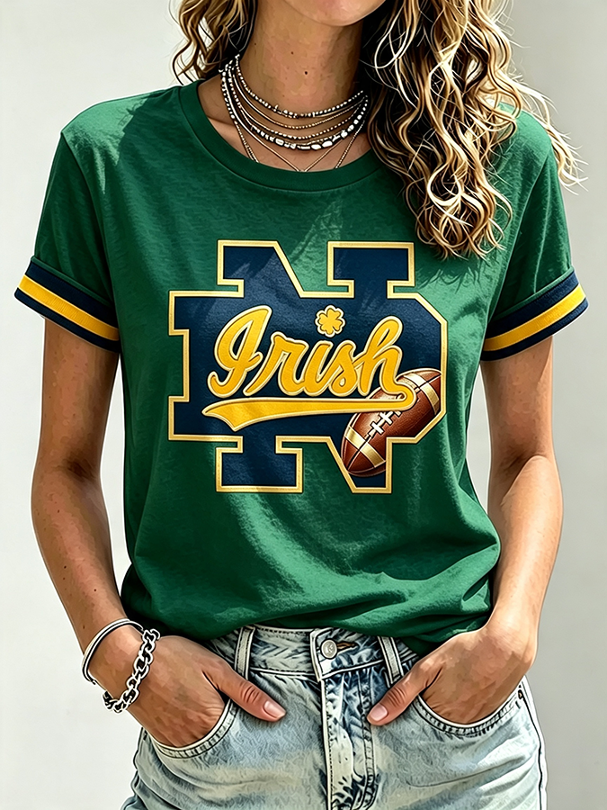 Women'S Rugby Printed Round Neck Short Sleeved T-Shirt