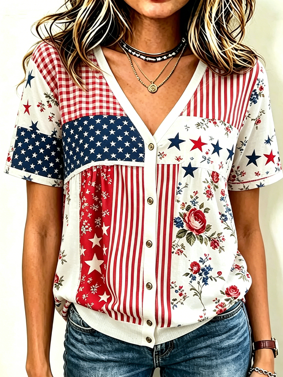 Women'S Retro Independence Day Anniversary Printed Linen Shirt