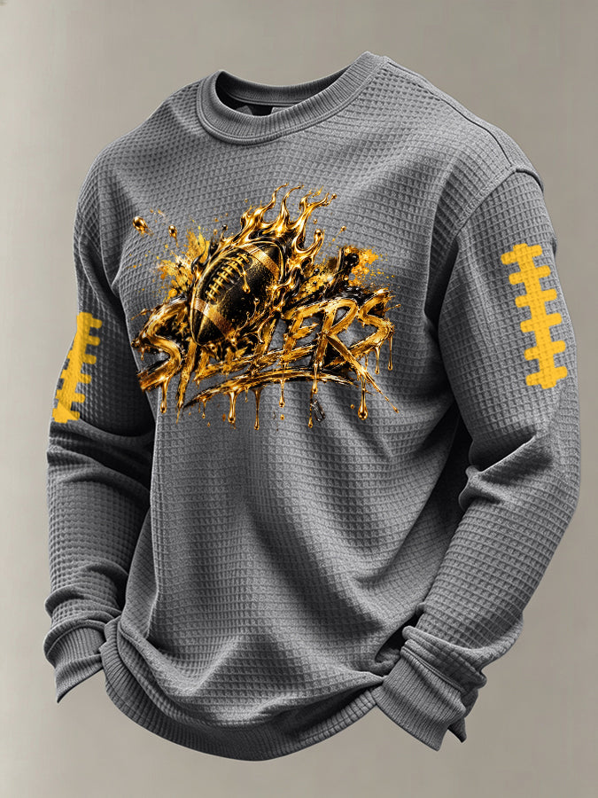 Men's Football Print Waffle Crewneck Sweatshirt