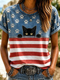 Women'S American Flag Printed Round Neck T-Shirt