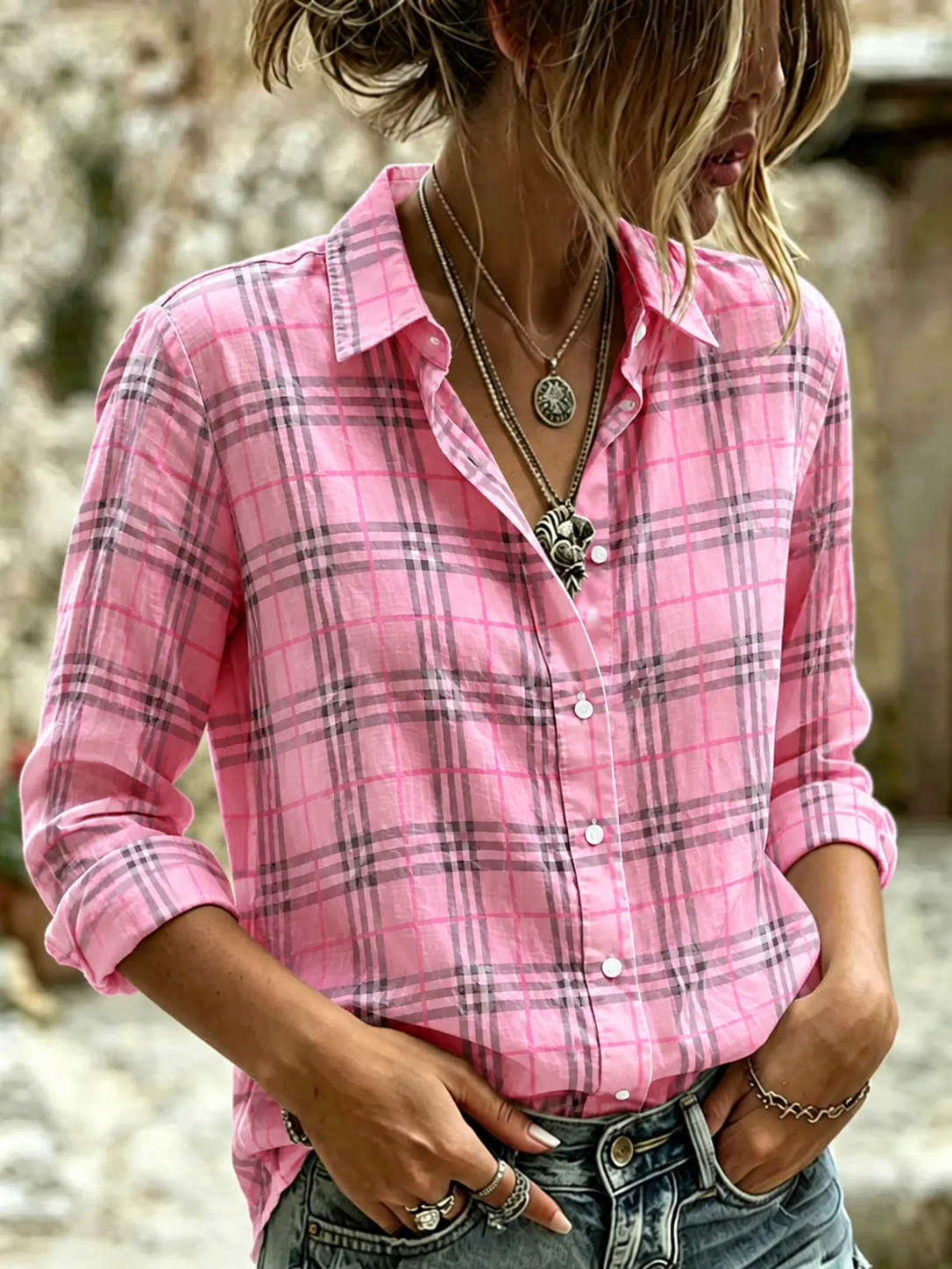 Women'S Red Plaid Print Shirt