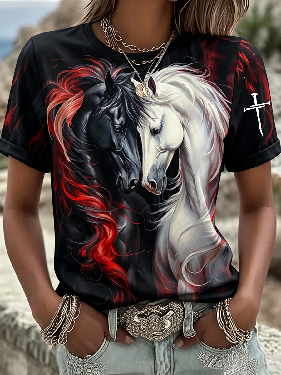 Western Horse Art Faith Printed Round Neck T-shirt