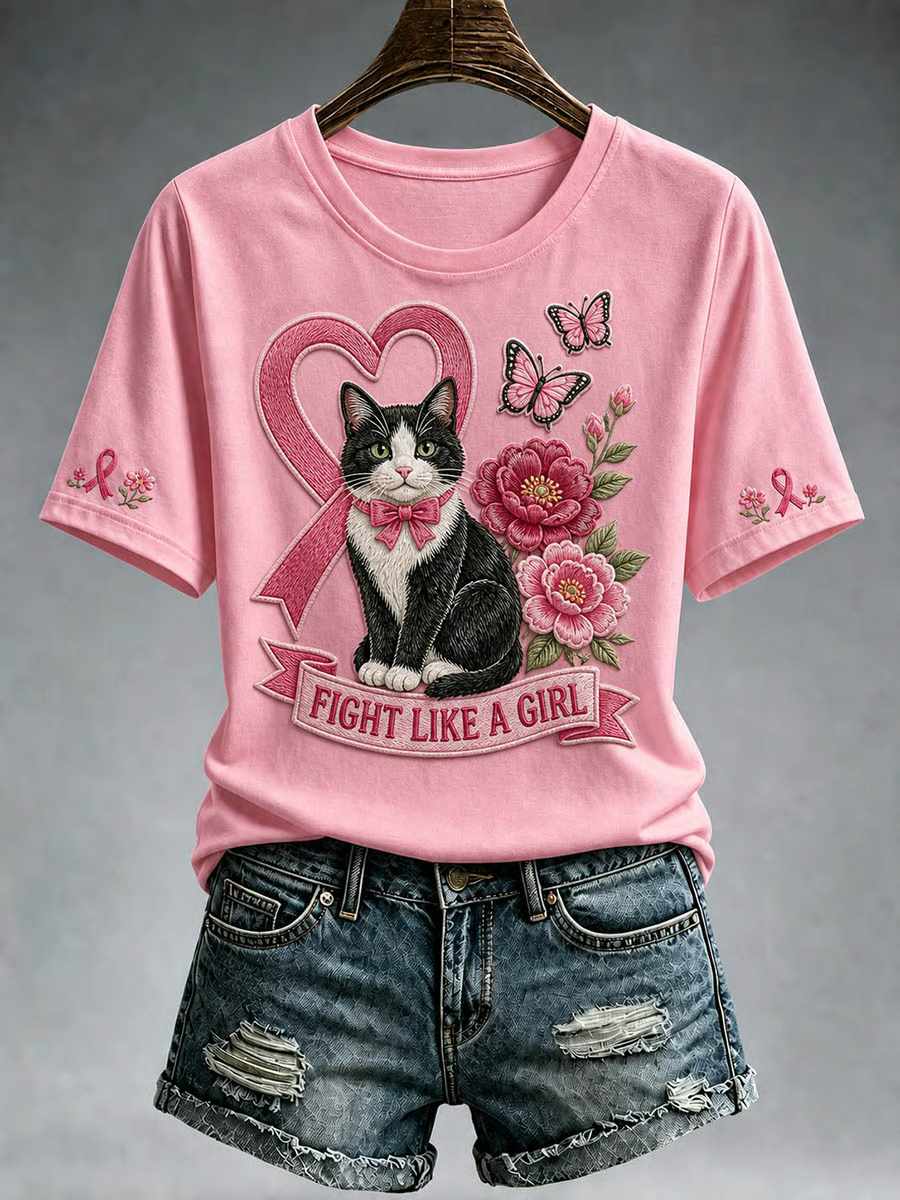 Women's Cow Cat Butterfly Flower Breast Cancer Ribbon T-shirt