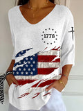 Women'S Flag Printed V-Neck Half Sleeved T-Shirt