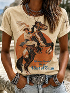 Retro Ethnic Floral Art Printed Round Neck Women's T-Shirt