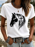 Women's Horse Head Cross Printed Casual T-Shirt
