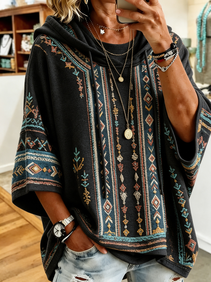 Women’S Retro Western Style Print Hoodie