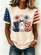 Women's American Flag Kittens Printed Casual T-shirt