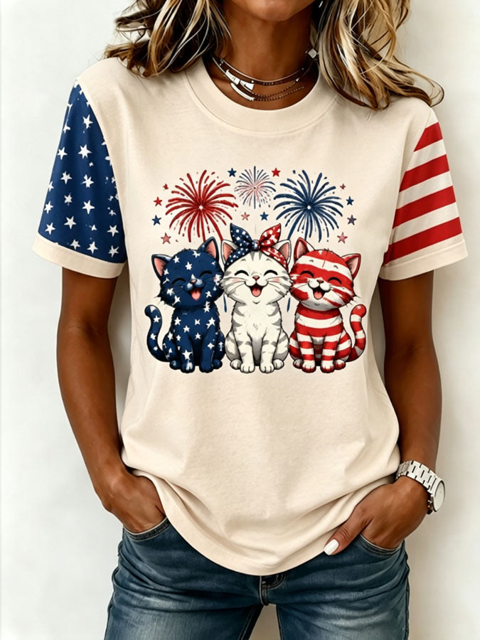 Women's American Flag Kittens Printed Casual T-shirt