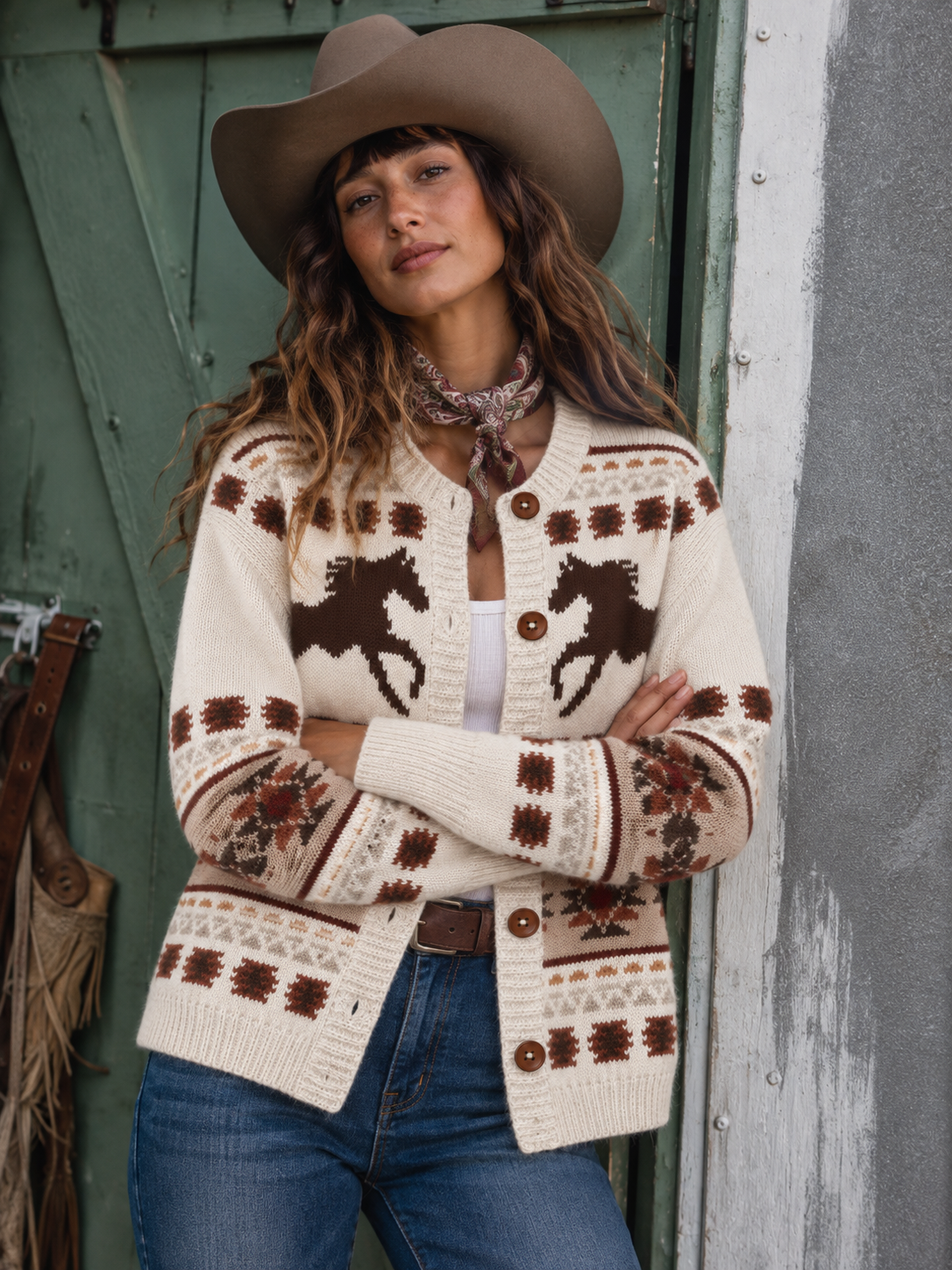Women's Western Style Printed Knitted Cardigan Top