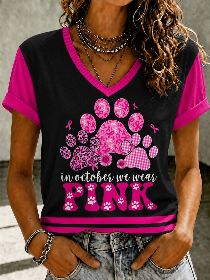 Women'S Retro Pink Art Printed V-Neck Top