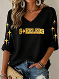 Women's Football Three Color Print Waffle Top
