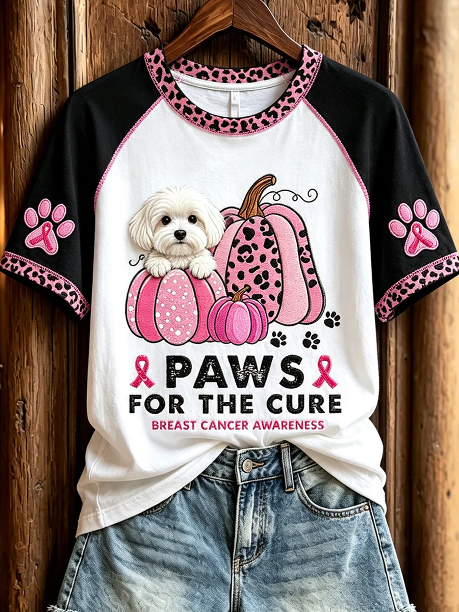 Women's Paws for the Cure Breast Cancer Awareness Dachshund & Pink Pumpkins Print short-sleeved T-shirt