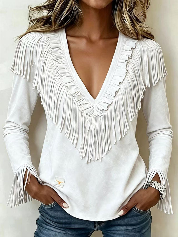 Women'S Casual Tassel Suede Autumn And Winter V-Neck Slim Fit Top