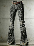 Women's Rock-Style Color-Block Flare Pants with Skull, Wings, and Playing Card Print