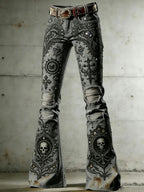 Women's Rock-Style Color-Block Flare Pants with Skull, Wings, and Playing Card Print