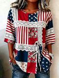 Women'S Retro Independence Day Flag Flower Art Casual Short Sleeved Shirt