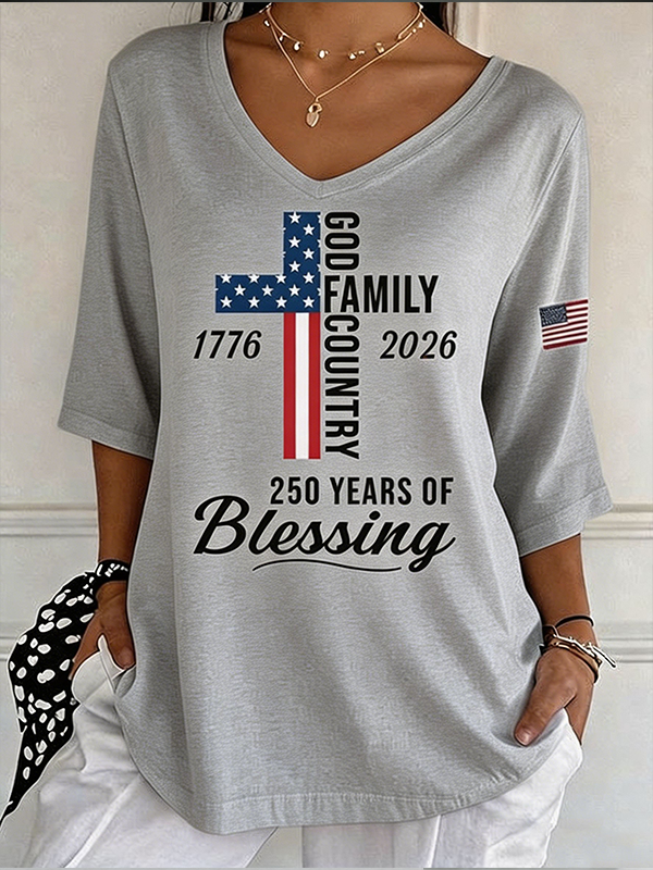 Women's God Family Country Flag Cross V Neck 3/4 Sleeve Casual Tee