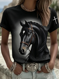 Western Horse Art Faith Printed Round Neck T-shirt
