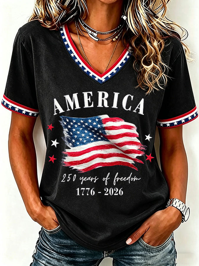 Women'S America Flag Floral Print Casual V-Neck T-Shirt