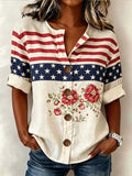 Women'S Flag Flower Printed Cotton And Linen Top