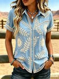 Women's Vintage Western-style Floral Embroidery Art Cotton-linen Blend Shirt