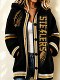Women'S Football Print Casual Hooded Long Cardigan