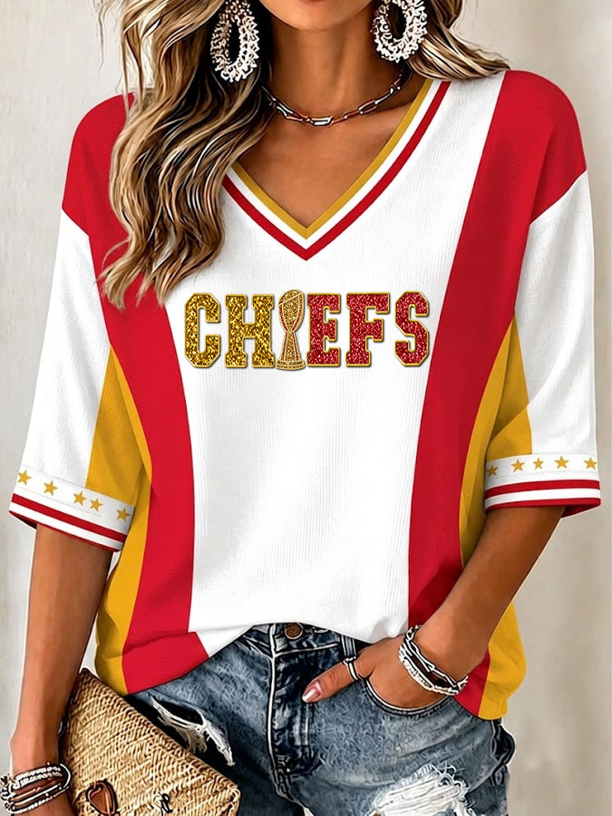 Women'S Casual Patchwork Contrasting Sparkling Diamond Embroidery Waffle Art Top