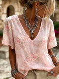 Women's Comfortable Floral Cotton Linen V-Neck T-Shirt