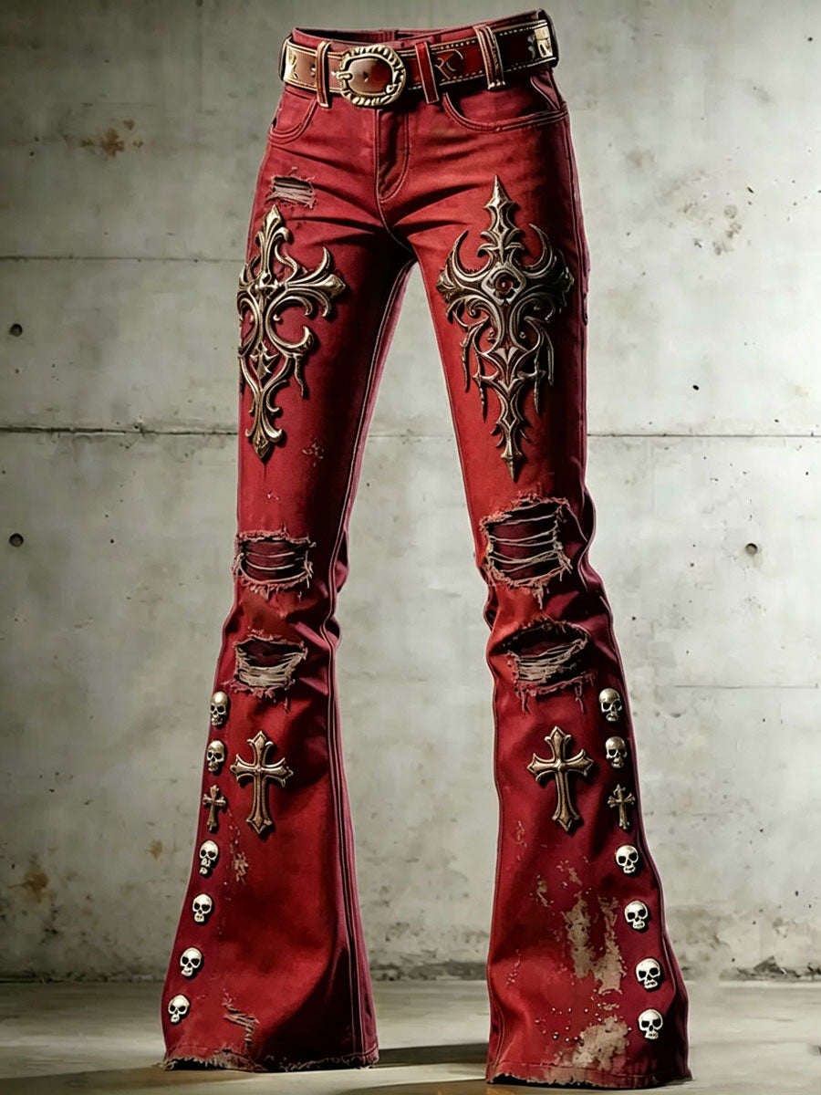Women's Gothic Skull Art Print Flared Trousers