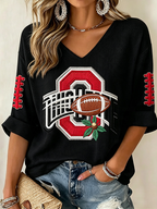 Women'S Rugby Patterned Waffle V-Neck Top