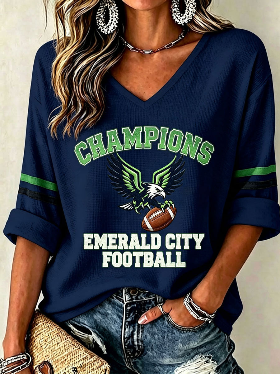 Women'S Seattle Football Vintage Fashion Printed Waffle T-Shirt
