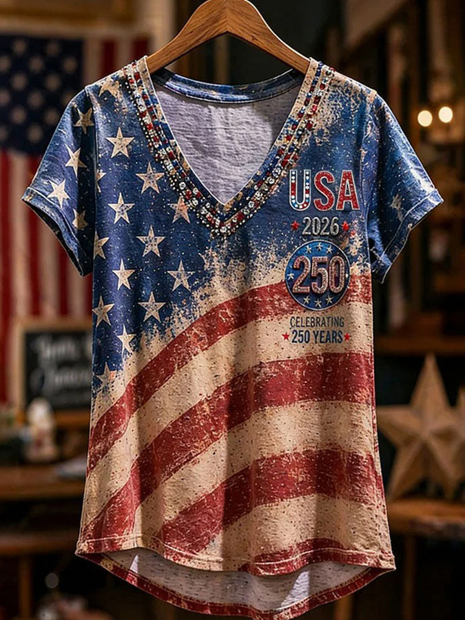Women'S V-Neck American 250 Celebration Printed T-Shirt