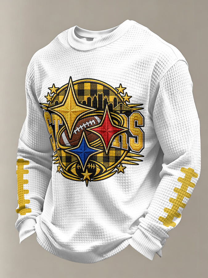 Men's Football Print Waffle Crewneck Sweatshirt