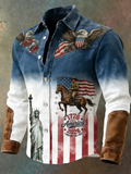 Men'S Retro 250Th Anniversary Founding Celebration Printed Splicing Long Sleeve Button Up Shirt