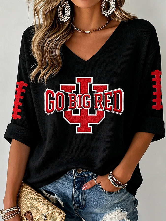 Women'S Hometown Football Team Patterned Waffle V-Neck Top