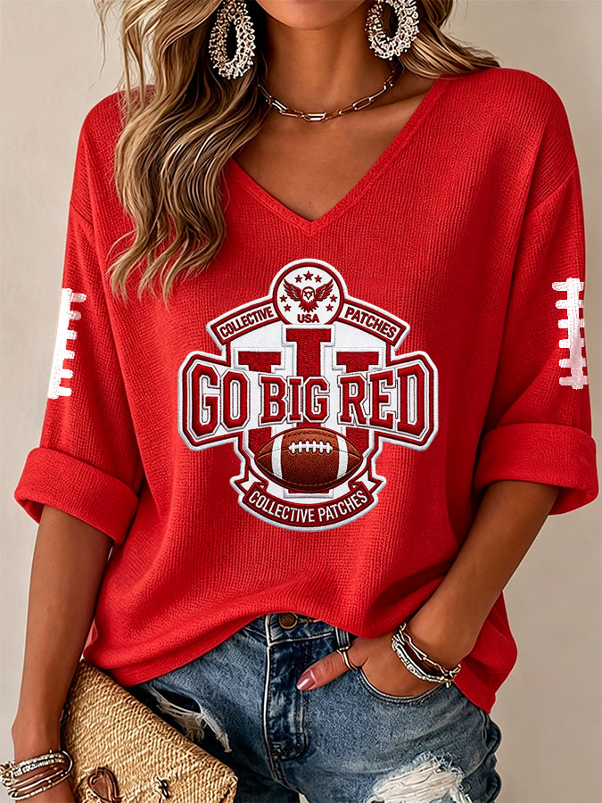 Women'S Rugby Patterned Waffle V-Neck Top
