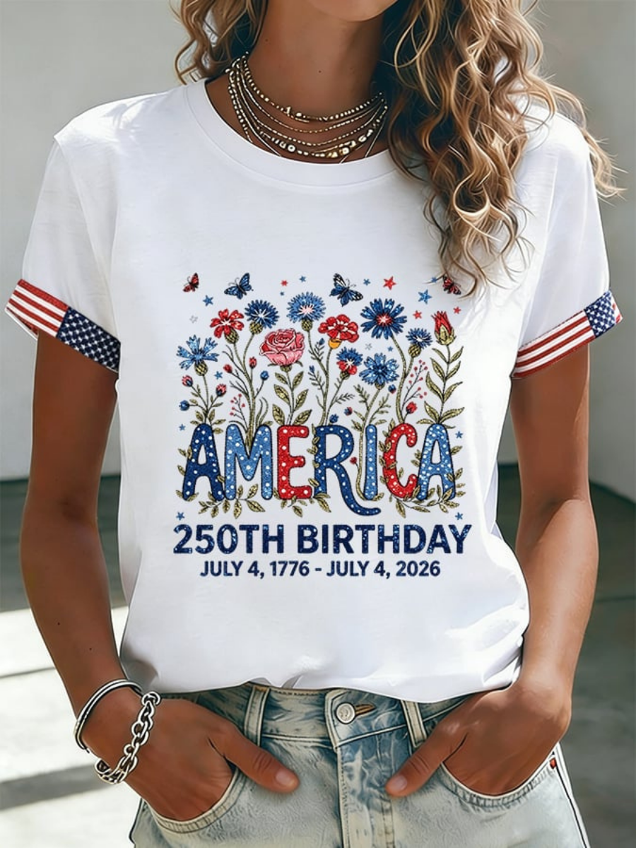 Women'S American Independence Day 250Th Anniversary Printed Round Neck Short Sleeve T-Shirt
