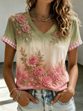 Ladies' Casual Pink Flower Sticker Printed T-Shirt